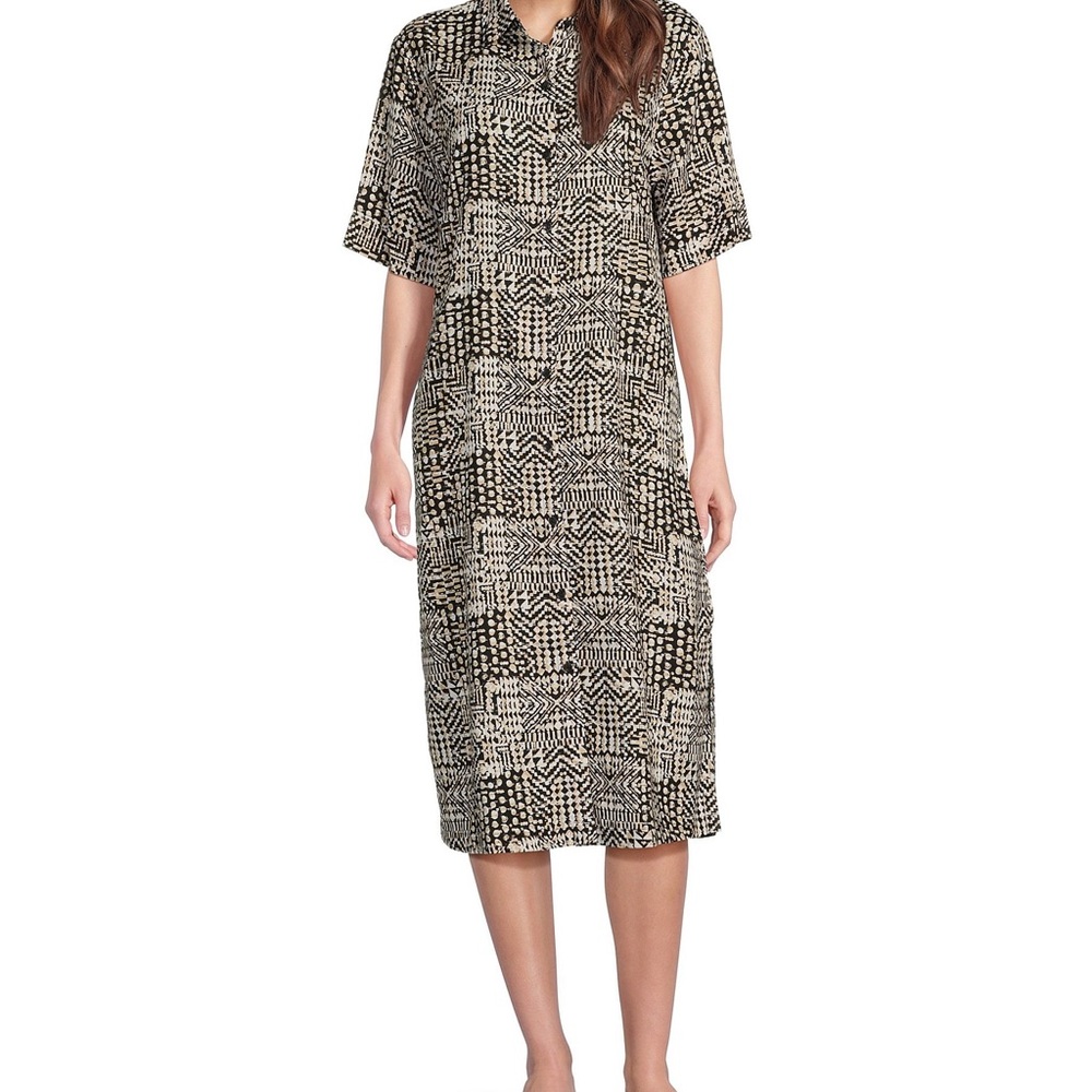 Patterned Short Sleeve Button Down Dress